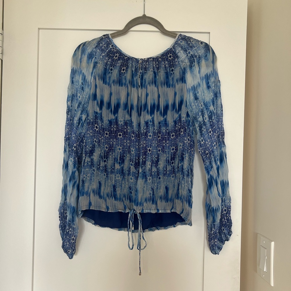 Ramy Brook Blue Smocked Tie Front Blouse